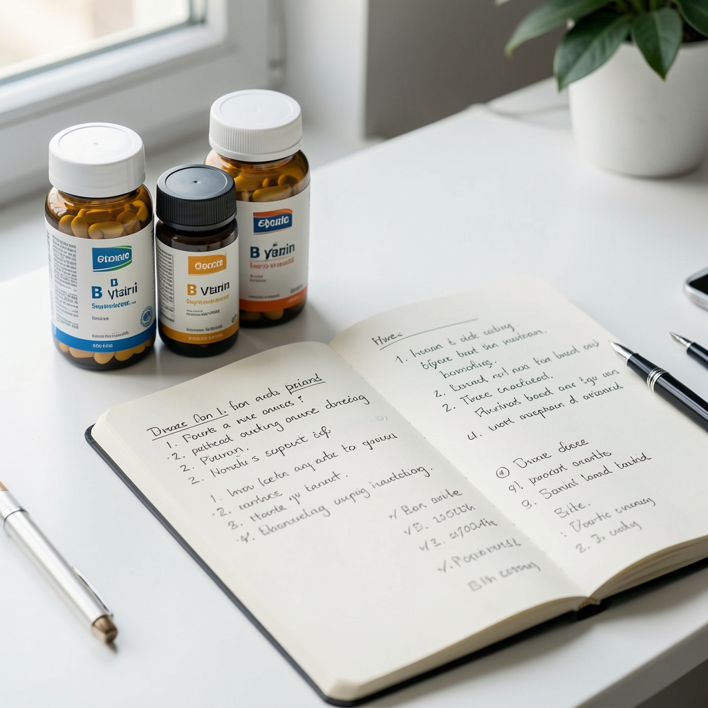 B vitamin supplement bottles and a notebook with handwritten nutritional notes on a white desk